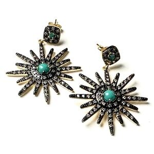 Adornia 14K Plated Brass Starburst Earrings w/CZ & Turquoise Resin Stone
